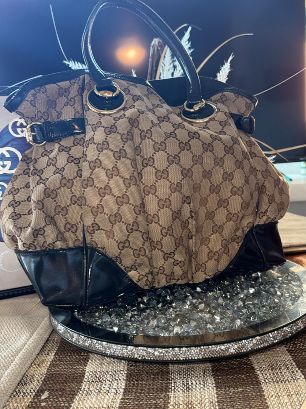 Gucci Brown Monogram GG Full Moon Canvas Satchel with Dark Brown Leather Trim
